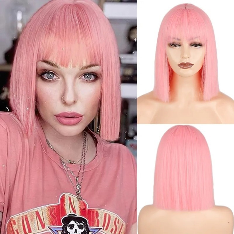Wig Fiber Net - Rechte damespruik met luchtpony, bobo-stijl, realistisch
